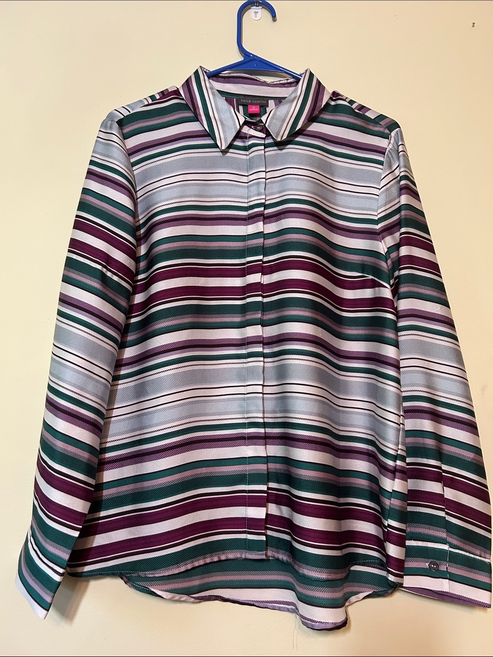 Vince Camuto Striped Button-Front Blouse in Green, Purple, and Light Blue